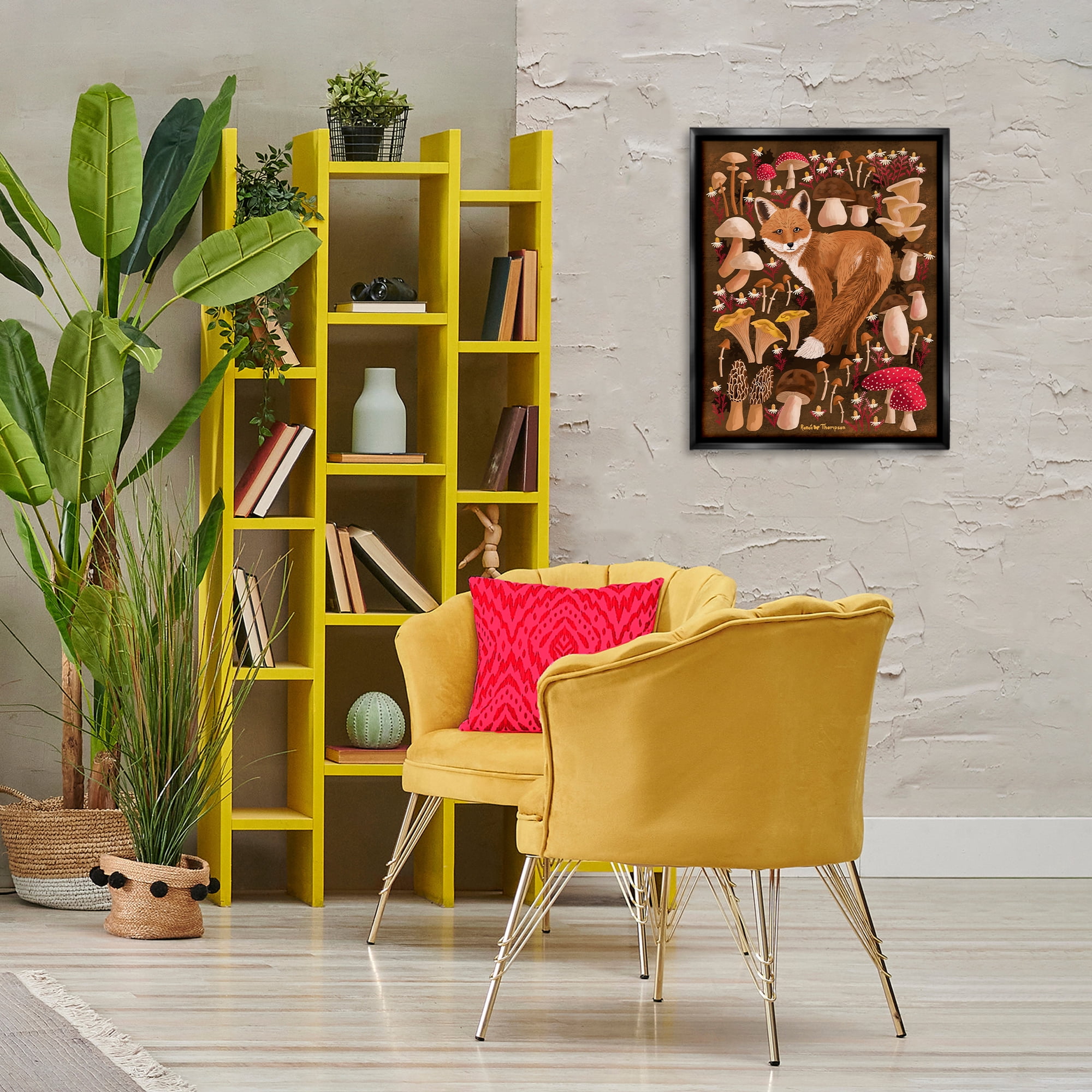 Stupell Industries Fox & Cottage Mushrooms Animals Painting Black Floater Framed Canvas Art Print Wall Art, 17 x 21
