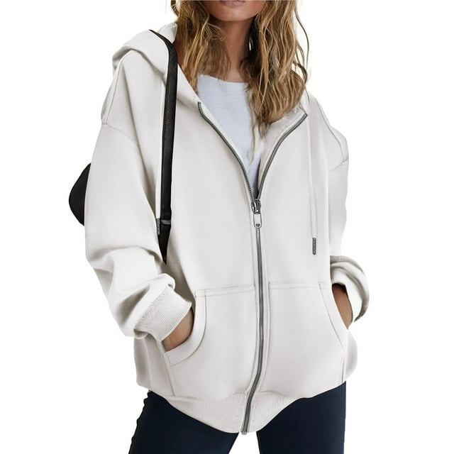 Sudadera con Capucha y Cremallera para Mujer, de Larga, Informal, con Capucha Crudo L