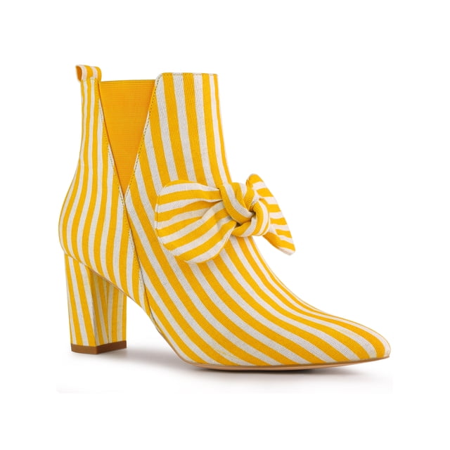 Unique Bargains Bottines à Talons Épais Rayés à Bout Pointu pour Femmes Jaune (Taille 9)