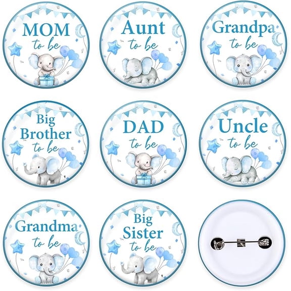 8 Pcs Blue Elephant Baby Shower Family Pins - Mom Dad Aunt Uncle Grandma Grandpa Big Sister Brother to Be Pinback Buttons Tinplate Pins - Gender Reveal Baby Shower Party Favors Badge Gift