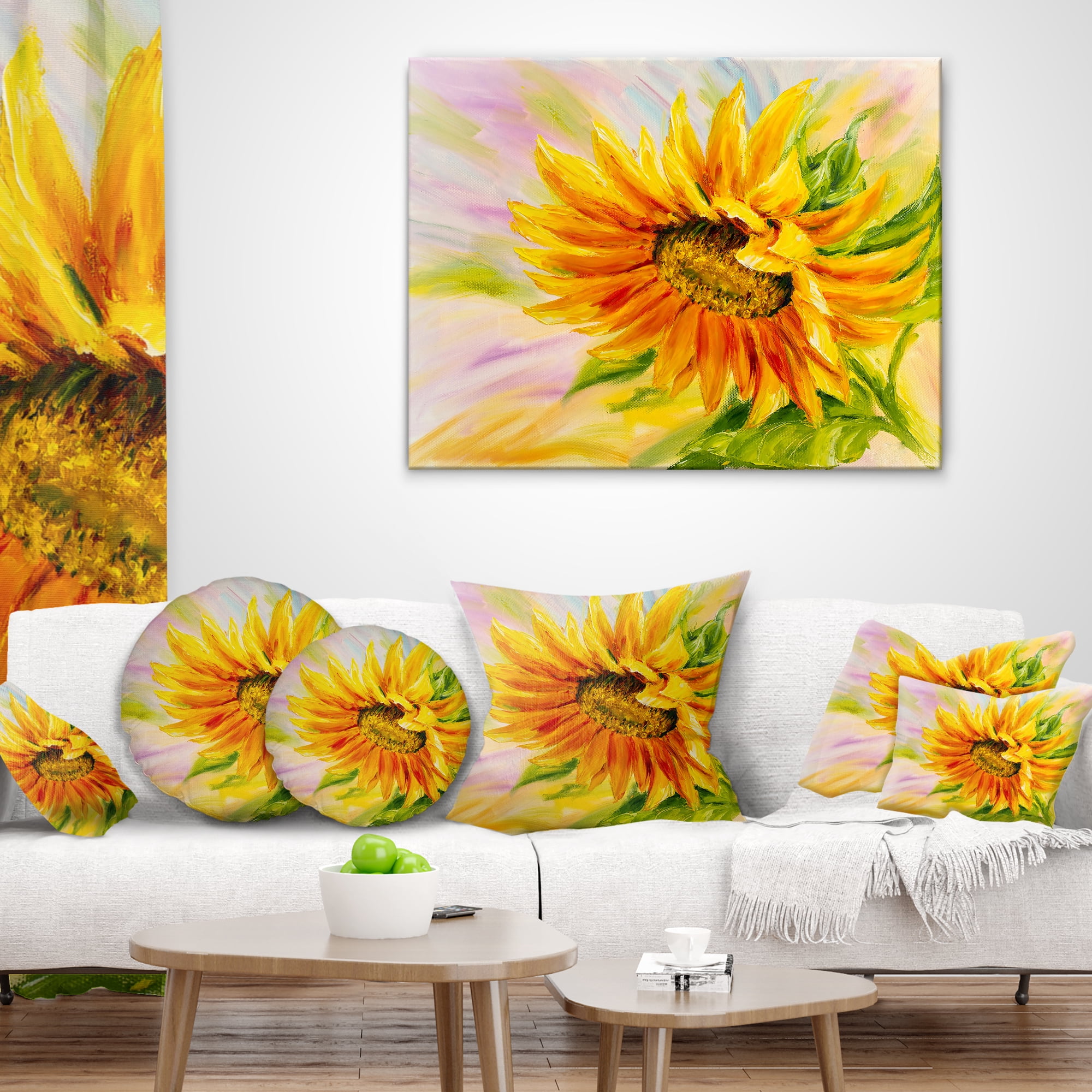 Designart Sunflower Oil Painting - Floral Throw Pillow - 16x16