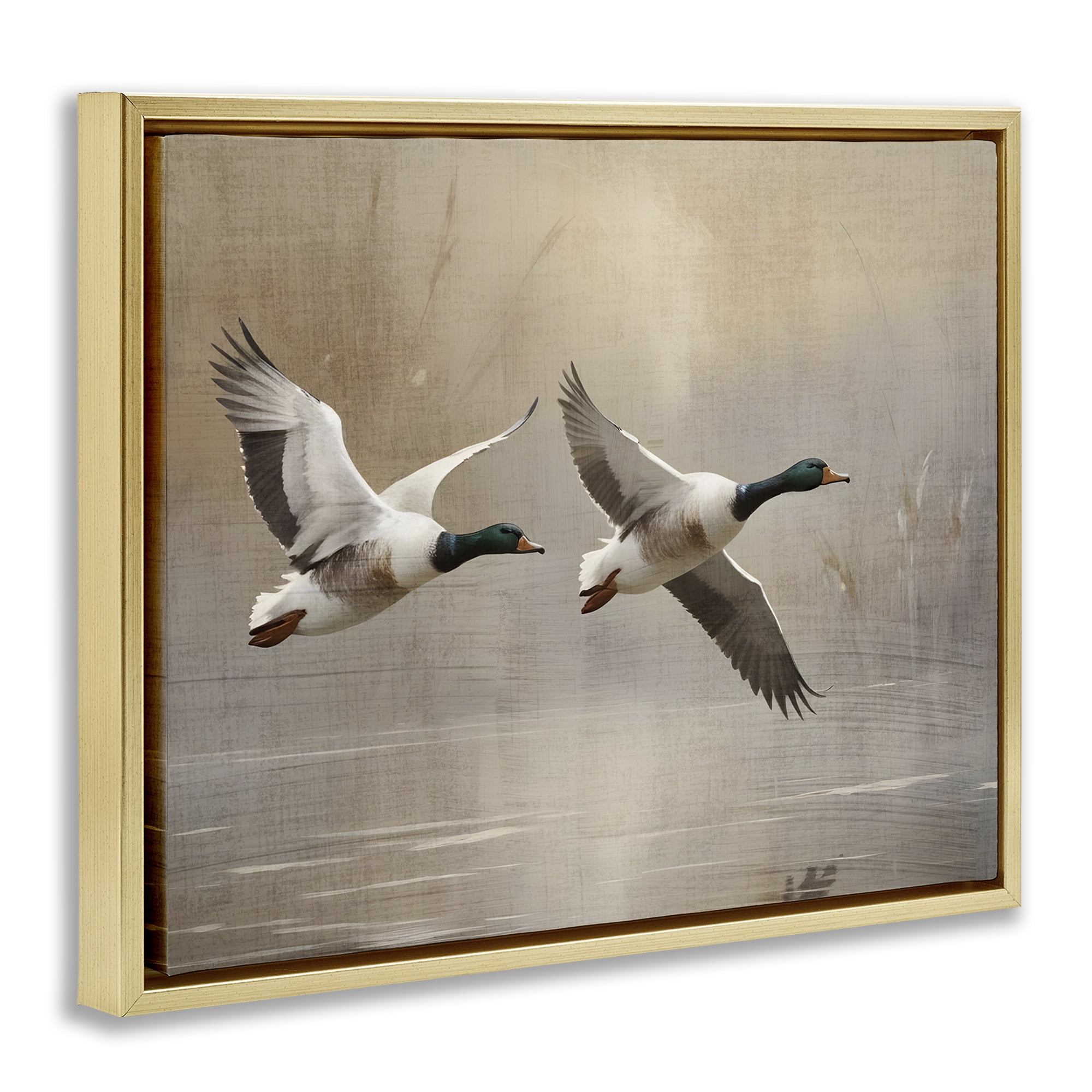 Stupell Industries Mallard Ducks over Pond Gold Framed Floater Canvas Wall Art, design by Susan Arnot