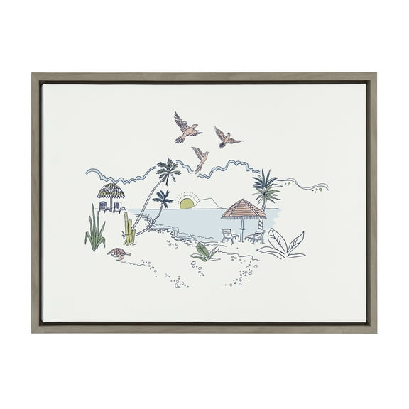 Kate and Laurel Sylvie Tropical Beach Scene Framed Canvas Wall Art by the Creative Bunch Studio 18x24 Gray Coastal Beach Illustration for Wall