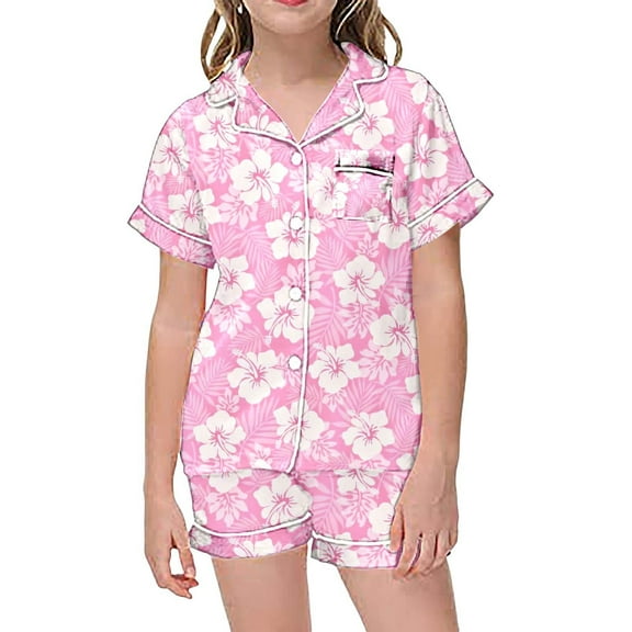 JAJAHO Girls 2 Piece Set Kids Home Clothes Outfits Floral Print Short Sleeve Button Up Lapel Shirt Shorts Summer Girl Clothing Set 2-13 Years Stylish Outfit