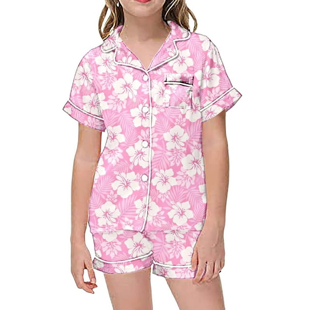 Ensemble de Pyjama en Soie pour Garçon Imprimé Manches Courtes à Boutons Ensemble de Tenue d'Intérieur Ensemble de Pyjama Décontracté pour Filles Pjs Enfants Garçons Filles Mode