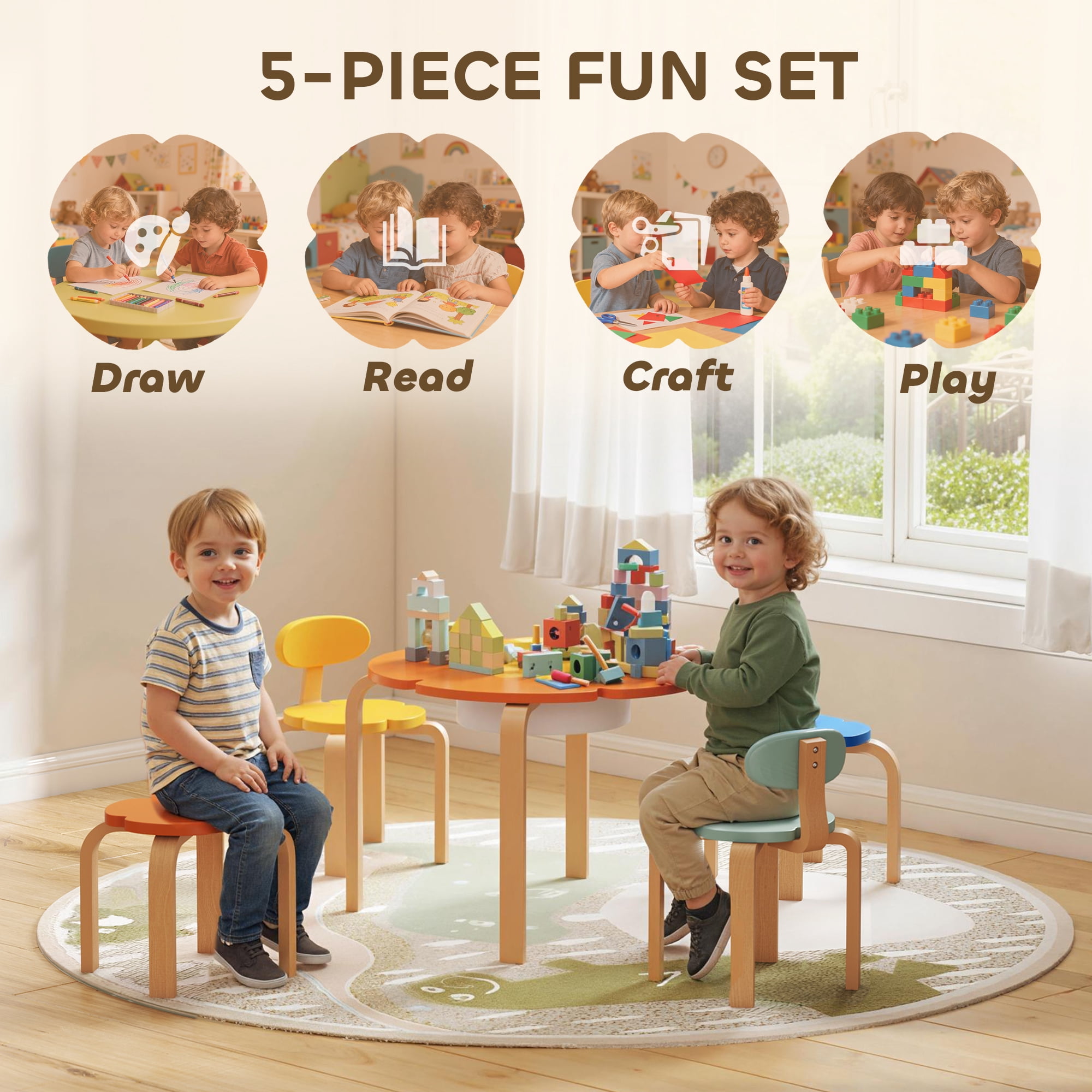 Qaba 5 Piece Kids Table and Chairs Set, Flower-Shaped Toddler Table and Chair Set with Built-in Storage, for Drawing Reading Art Craft Activity