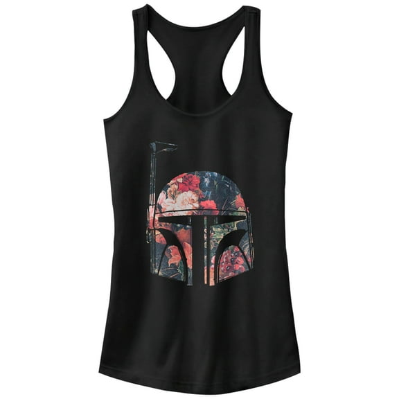 Junior's Star Wars Boba Fett Floral Print Helmet Racerback Tank Top Black Large