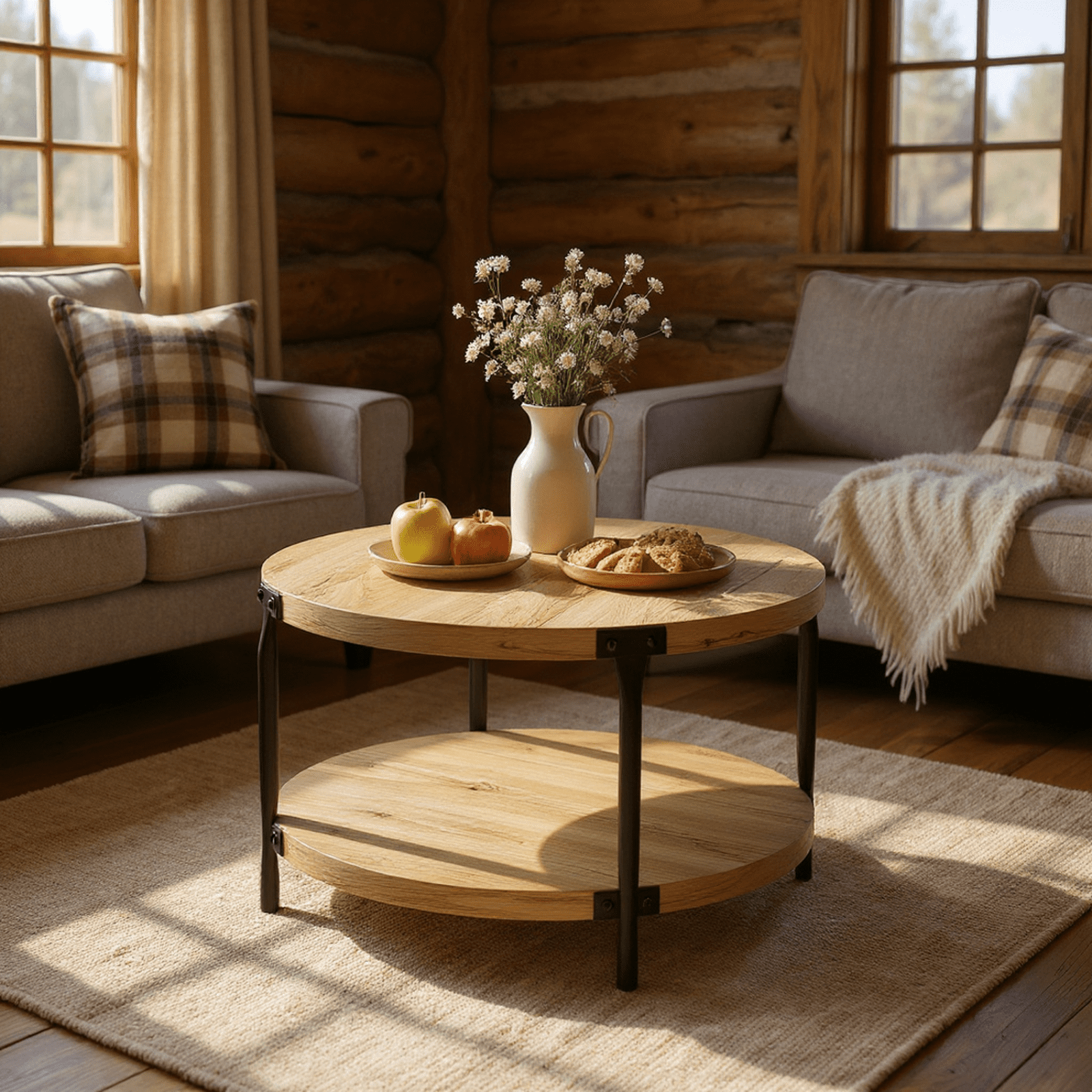 Homy Casa Round 2-Tier Coffee Table with Storage Shelf, Rustic Wood Finish, Black Iron Legs