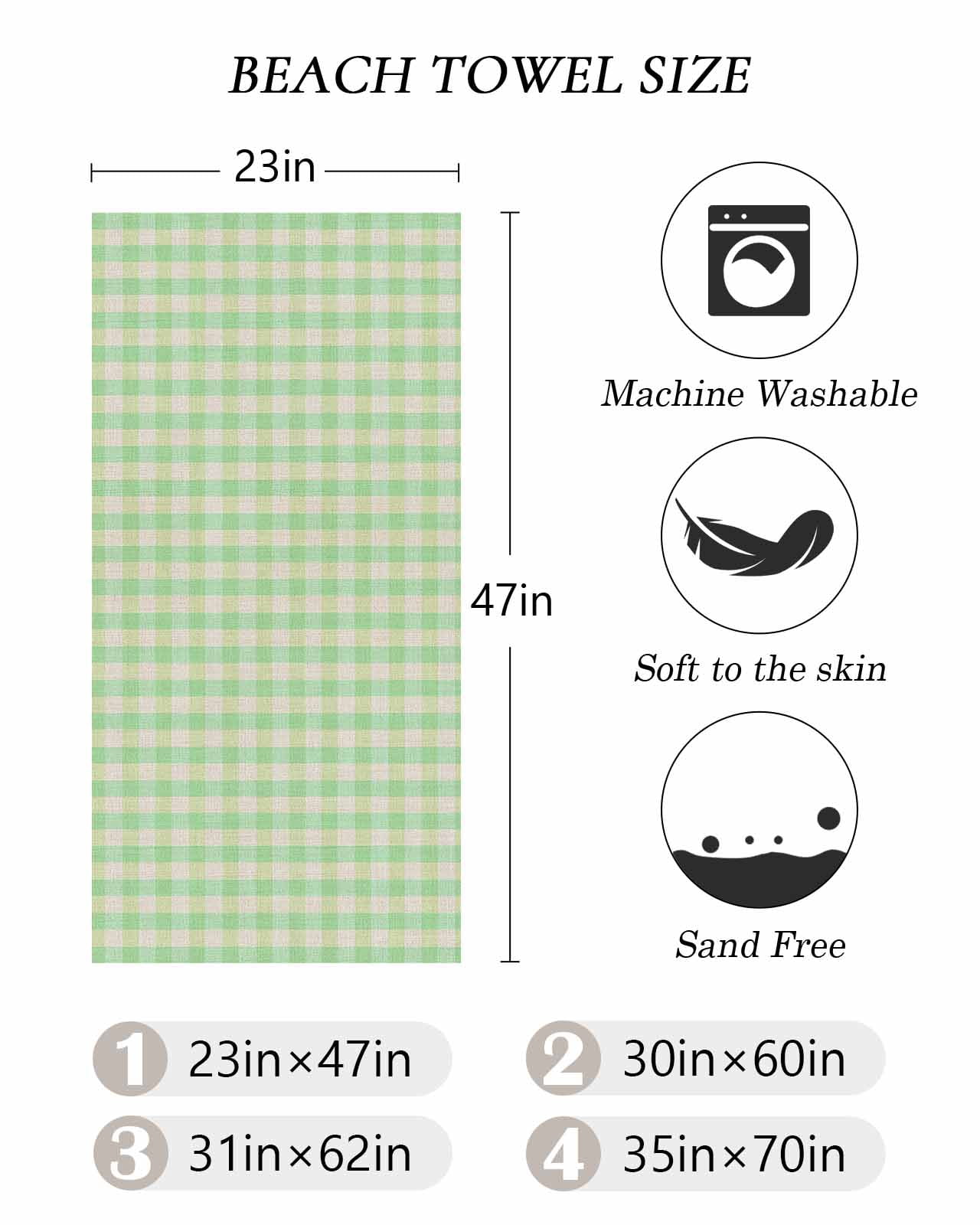 Sage Green Beach Towels Oversized Super Absorbent, Grid Checkered Plaid Gingham Lattice Trellis Lightweight Bath Towel Quick Dry Sets For Bathroom/Pool/Rv Camping/Beach Play/Gym Room/Picnic 23"x47"