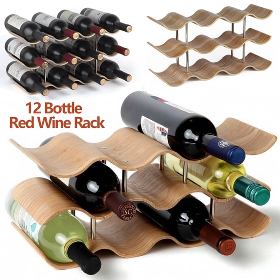 Countertop Wine Rack,12 Bottle Freestanding Wine Bottle Holder ,3 Tier Wooden Wine Storage Rack,Wavy Wine Organizer,Countertop Storage Shelf,Tabletop Wine Holderfor Cabinet Pantry Home Kitchen Bar