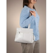 Womens Leather Handbag with Double Shoulder Straps, 3 Interior Pockets & 4 Exterior Pockets, White
