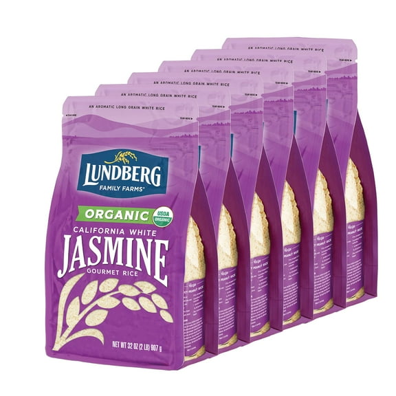 Lundberg Family Farms - Organic California White Jasmine Rice, Floral Scent, Buttery Flavor, Clings When Cooked, Bulk Rice, Gluten-Free, Non-GMO, USDA Certified Organic, Vegan, Kosher (32 oz, 6-Pack)