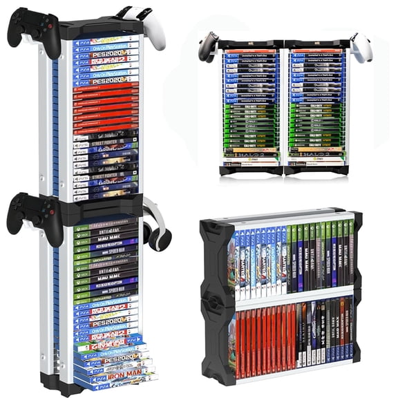 Video Game Storage Tower with Hooks, Stackable Game Organizer Stand, 46 Disc DVD Shelf Rack for PS5 PS4 Xbox Switch, Universal Game Holder Organizer Stand for Controllers & Headsets