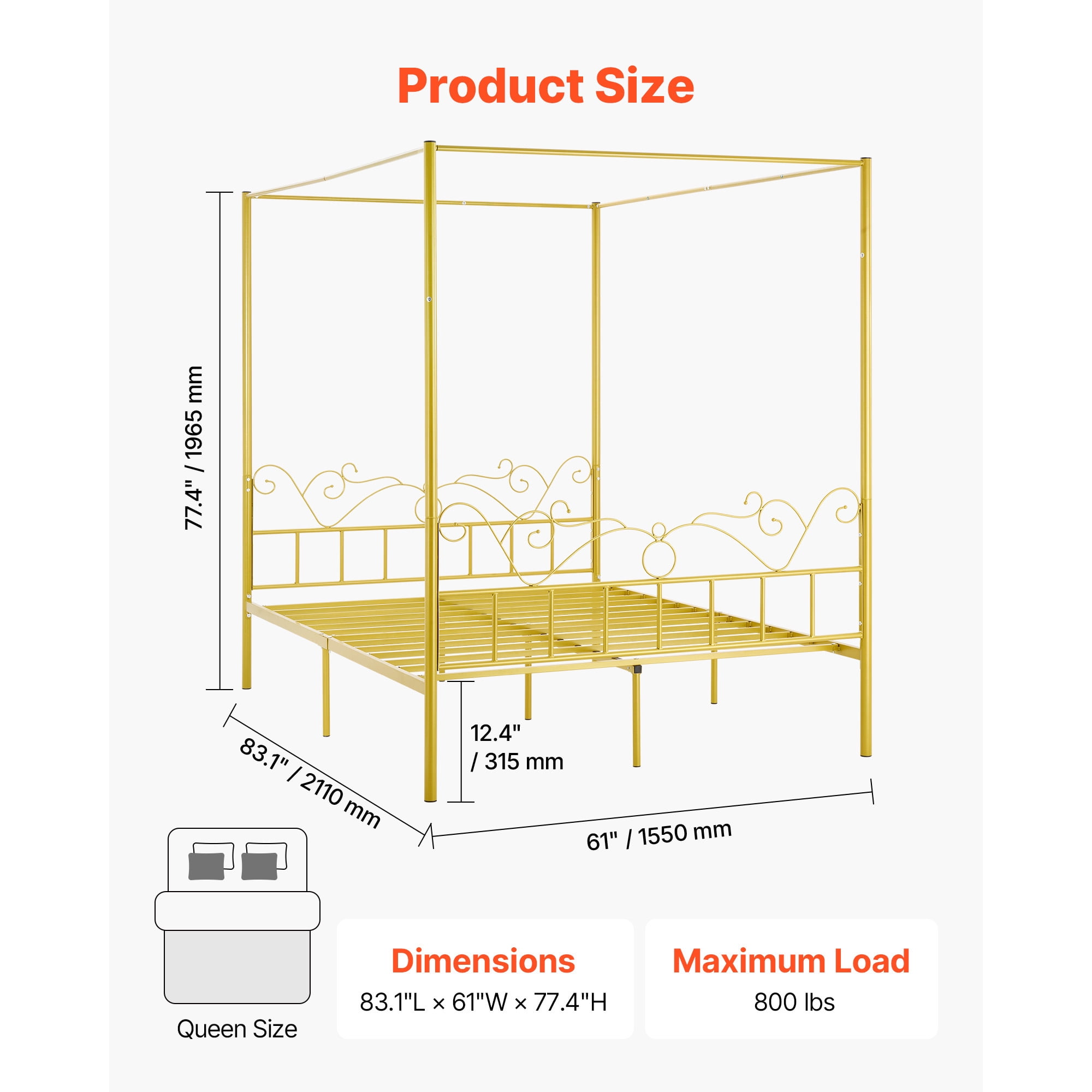 KFFKFF Queen Size Canopy Bed Frame, No Box Spring Requi, Durable Steel Bed Frame with Minimalist Headboard, Ample Underbed Storage, Easy to Assemble