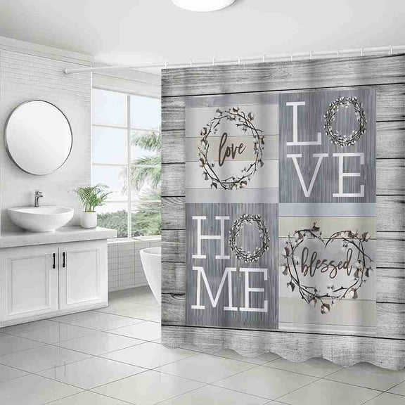 70x70 inch Rustic Gray Wood Plank Love Home Blessed Wreath Shower Curtain, Waterproof Polyester Fabric with Hooks for Bathroom Decor
