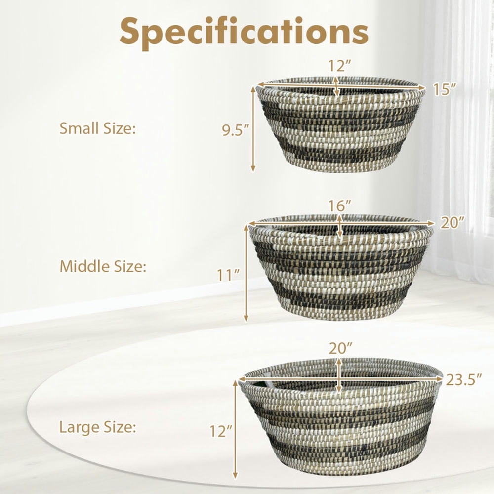 Finihen Laundry Hamper, Laundry Basket, Natural Canes Grass Baskets Stackable Storage Bins Set of 3 with Hollowed Handles, for Bathroom, Laundry Room, White & Black Finihen Laundry Hamper, Laundry Basket, Natural Canes Grass Baskets Stackable Storage Bins Set of 3 with Hollowed Handles, for Bathroom, Laundry Room, White & Black