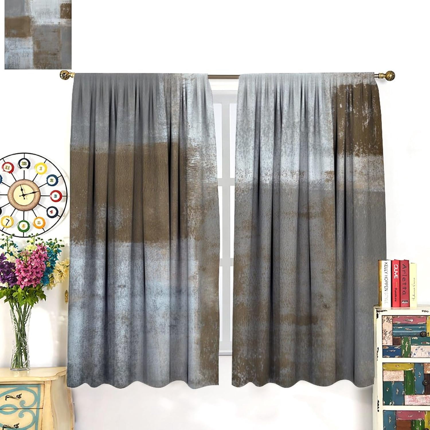 Rustic Curtains Tan Brown Grey Abstract Pattern Blackout Print Rod Pocket Window Drapes for Bedroom Living Room 52x84in