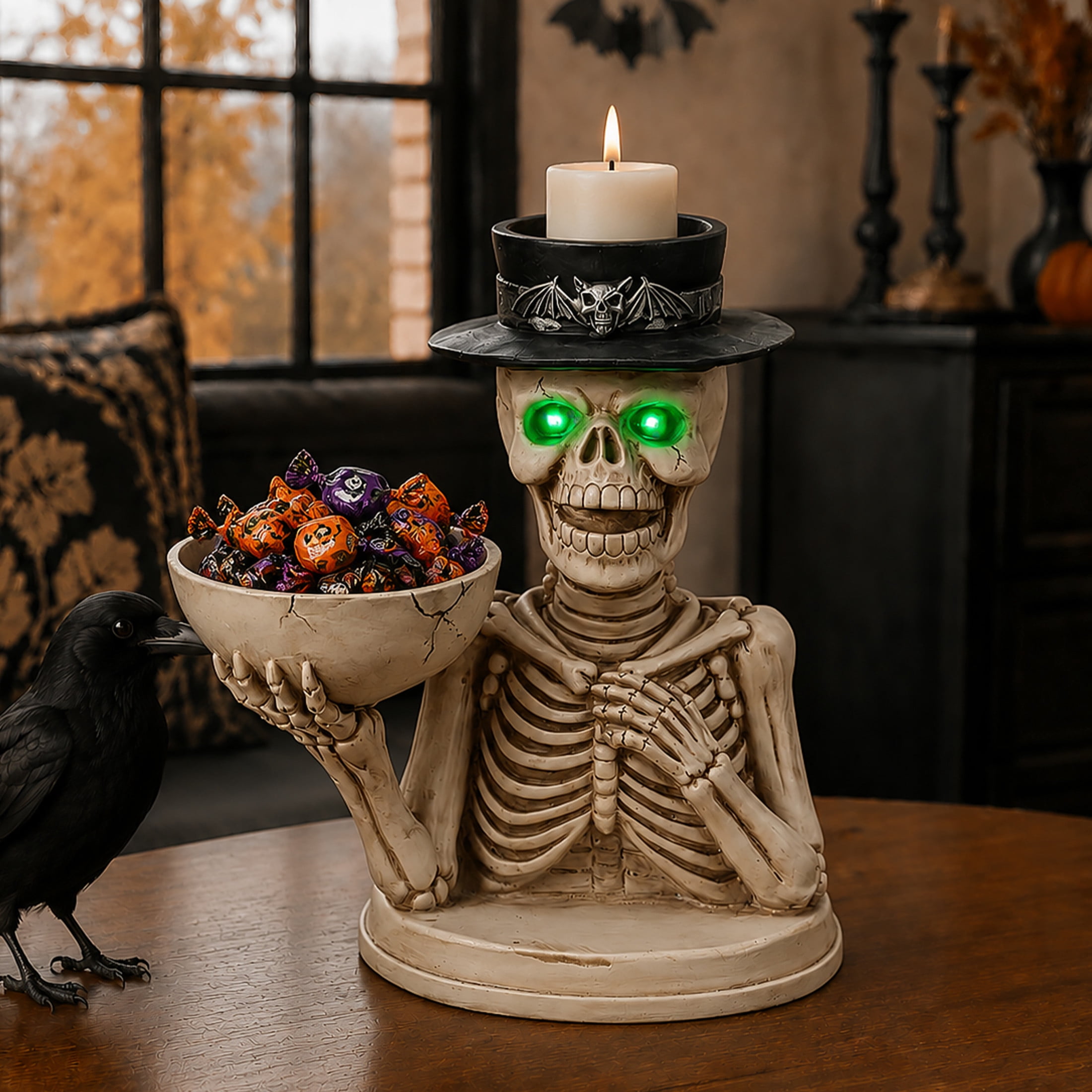 Noble House Halloween Skeleton Figurine with Storage Bowl & Pillar Candle Holder Top Hat, Decorative Statue, Black White