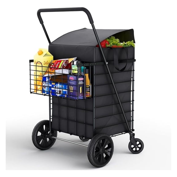 Shopping Cart w/Waterproof Basket Liner & 360° Swivel Wheels | Foldable Collapsible & Lightweight | Perfect for Groceries Laundry Utility Cart - Black
