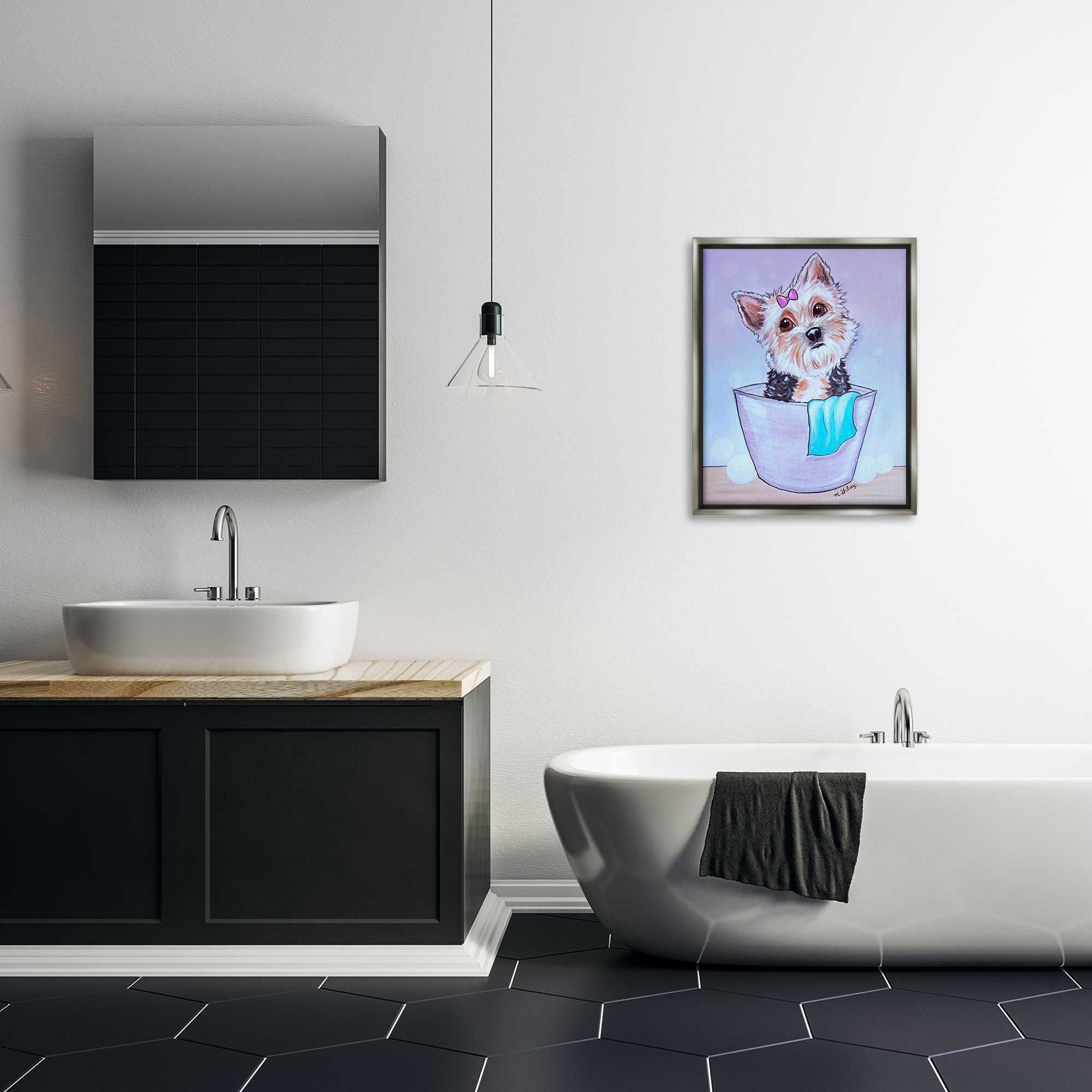 Stupell Industries Terrier with Soap Bubbles Animals & Insects Painting Gray Floater Framed Canvas Art Print Wall Art, 25 x 31