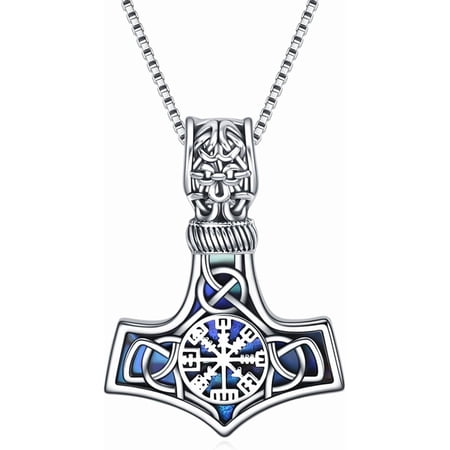 Abalone Shell Thor Hammer Necklace Sterling Silver Vegvisir Celtic Viking Jewelry Gift for Men