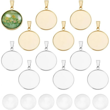 12 Sets DIY Blank Dome Flat Round Pendant Making Kit 304 Stainless Steel Blank Pendant Cabochon Settings Pendant Trays with Glass Cabochons