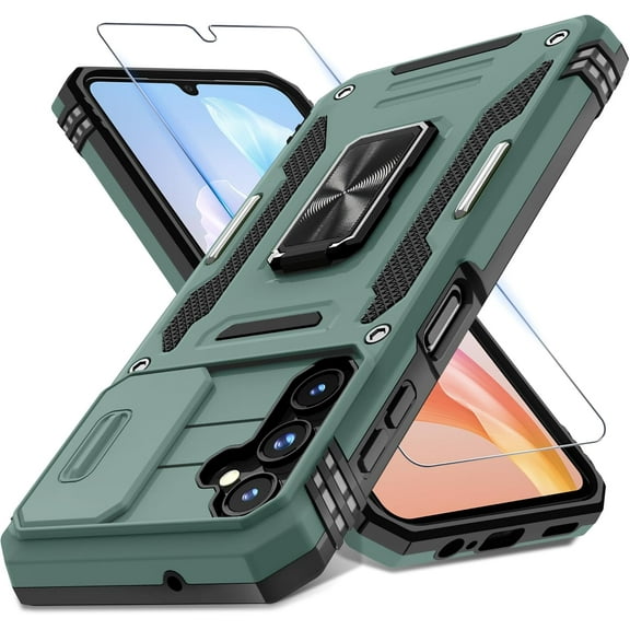 for Samsung Galaxy A25 5G Case with Slide Camera Cover Screen Protector (1 Pack),Rotated Ring Kickstand Military Grade Shockproof Protective Cover-Green