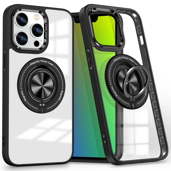 Tough Shield Crystal Case with MagSafe Ring Holder for iPhone 15 Pro - Black