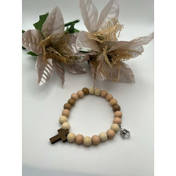 Wood Beaded Cross and Angel Stretch Bracelet