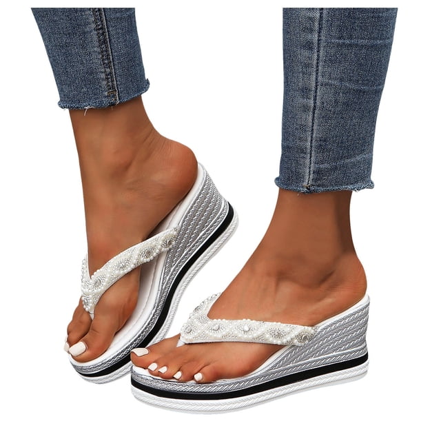 Dakaela Women's Platform Flip Flop Rhinestones Arch Support Summer Thong Sandals Soft Cushion Slippers