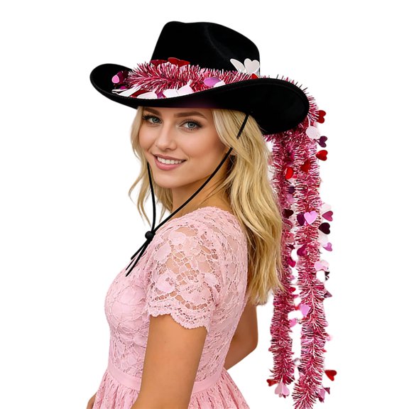 SRZYMJ Cowboy Hat for Men and Women Heart Sequins Ribbons Decor Western Cowgirl Hat for Halloween