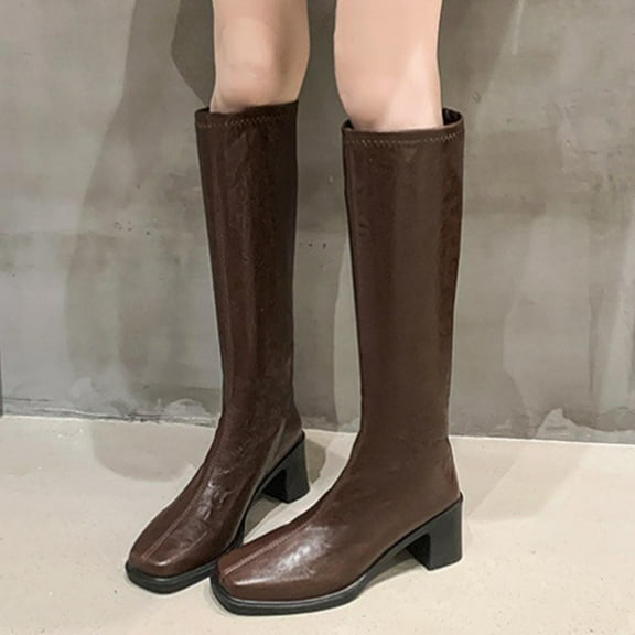 PiGOGI Women's Winter Knee-High Boots Square Toe Thick Heel High Heel Stylish Boots for Women Brown 41