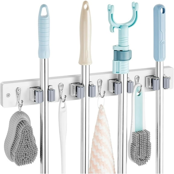 White Wall Mount Mop Broom Holder with 4 Slots and 4 Hooks – Heavy Duty Kitchen Organiser for Pantry Closet Laundry Room – Wood Design for Garden Tool Storage