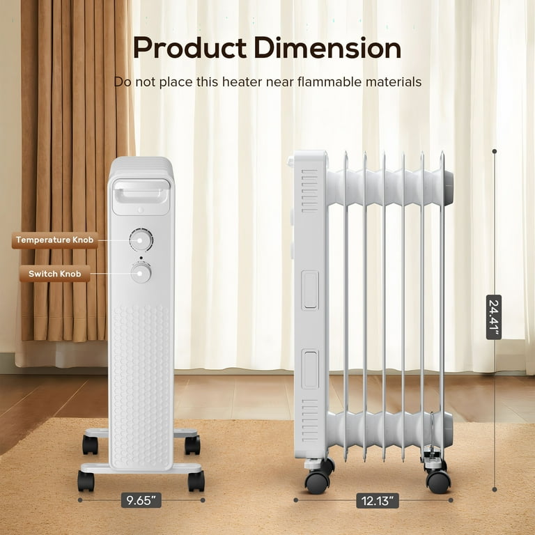 KissAir Electric Oil Filled Radiator Space Heater, Heat Settings