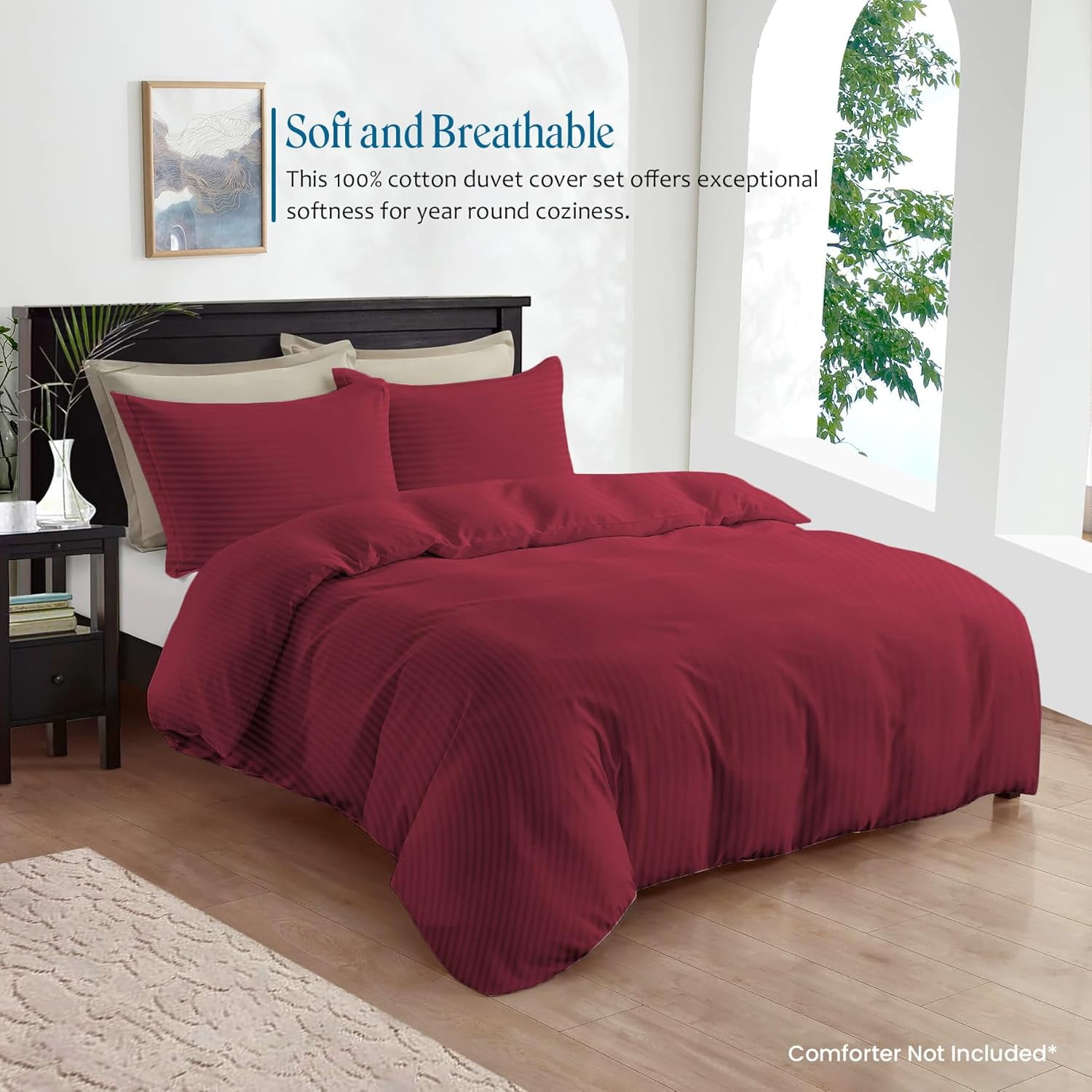 500 TC 100% Egyptian Cotton Premium Duvet set Zipper Closur Ultra Soft Durable and Fade Resistant Color Burgundy Stripe size Queen