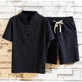 thumbnail image 4 of Edvintorg Men Short Sets Outfits 2 Piece Plus Size Men's Clothing Solid Color Casual V-Neck Beach Drawstring Short Sleeve Shirt Shorts Set Vacation Outfits Black XL, 4 of 5