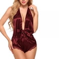 thumbnail image 2 of Women Lingerie Satin Bodysuit Teddy Babydoll One Piece Halter Pajamas Deep V Jumpsuit Short Nightwear, 2 of 5