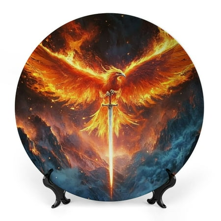 

FUMJ Fire Bird Sword Mountain Bone China Decorative Plate Home Office Wall Decor Room Decoration 7x7inch