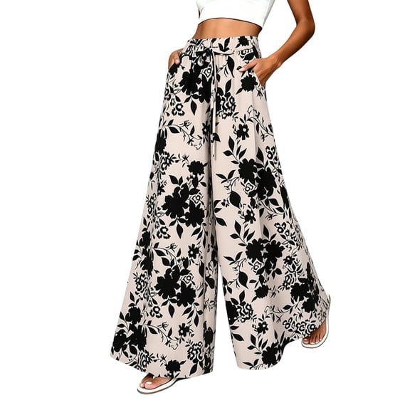 Abomasnow Women's Palazzo Pants Boho Floral Wide Leg Trousers Summer Beach High Waisted Flowy Pants with Pockets