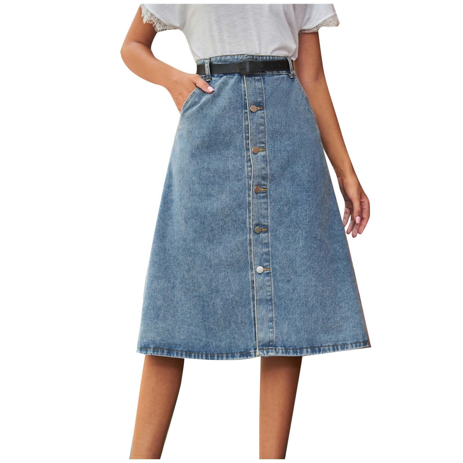 OGLCCG Women's A-Line Denim Midi Skirt High Waist Button Front Flared Jean  Skirt Casual Swing Skirt with Pockets 