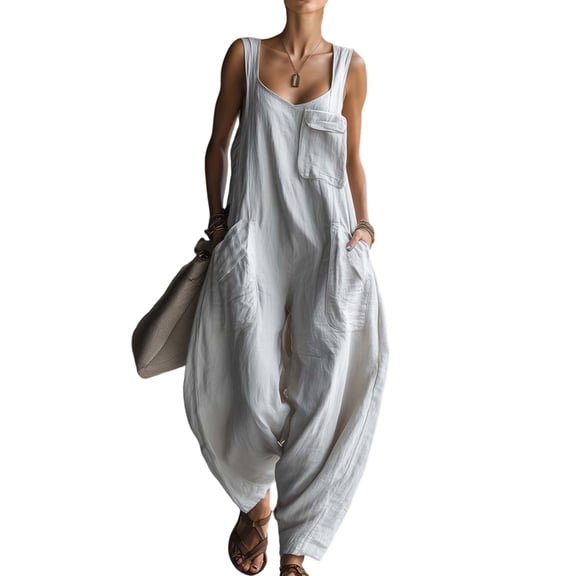 Cotton Linen Jumpsuits for Women Loose Casual Summer Outfits Dressy Sleeveless Pants Rompers with Pockets