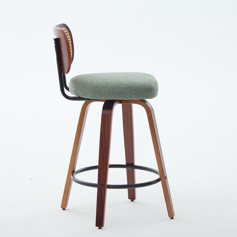 Set of 2 Swivel Upholstered Bar Stools, 26in Counter Height Rattan Backrest Accent Pub Chairs Counter Stools
