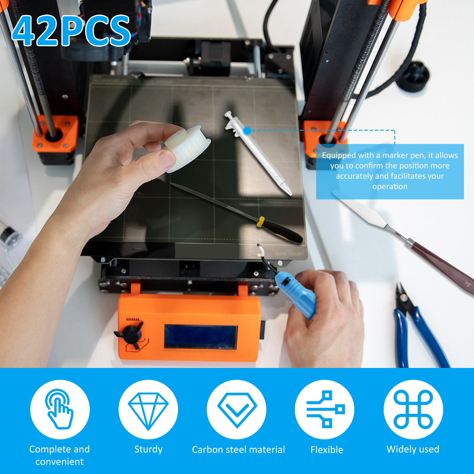 42Pcs 3D Printer Tool Kit Multipurpose 3D Printer Accessories Set with Files Tweezers Needle Nosed Pliers for Deburring Engraving Trimming