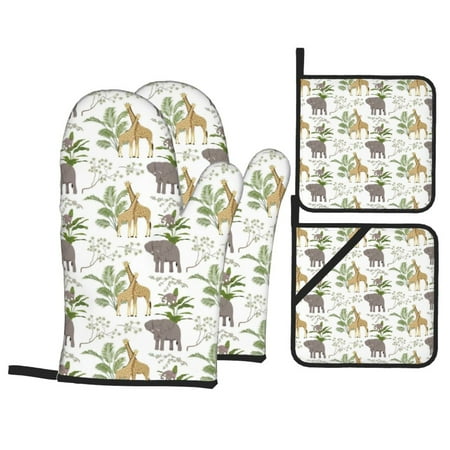 

Oven Mitts and Pot Holders Sets 4 pcs - Jungle Animal Heat Resistant Silicone Oven Gloves with Non-Slip Silicone Surface and hot pads for kitchen Baking Cooking BBQ