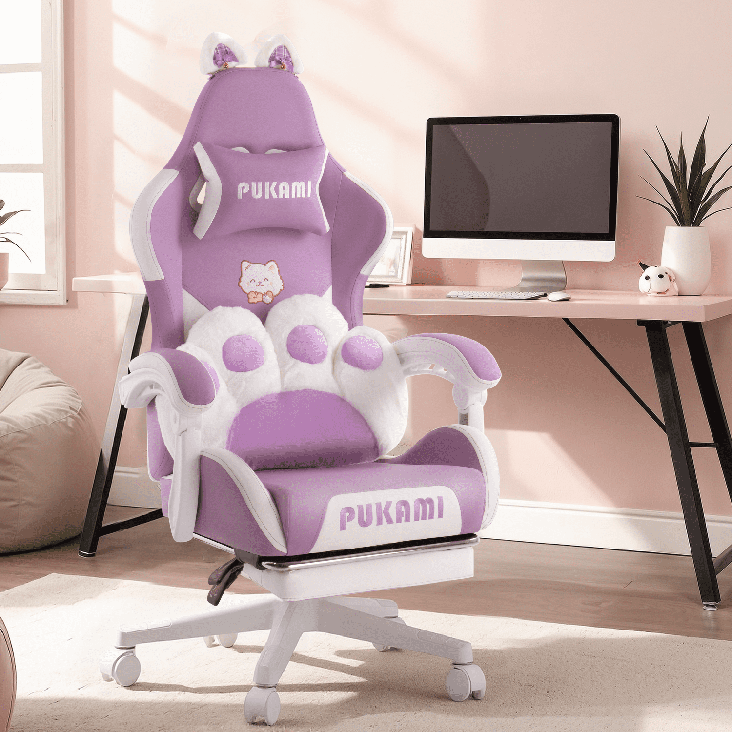 BOSSIN Gaming Chair,Ergonomic Computer Chair for adult with Cat Paw Lumbar Cushion and Cat Ears