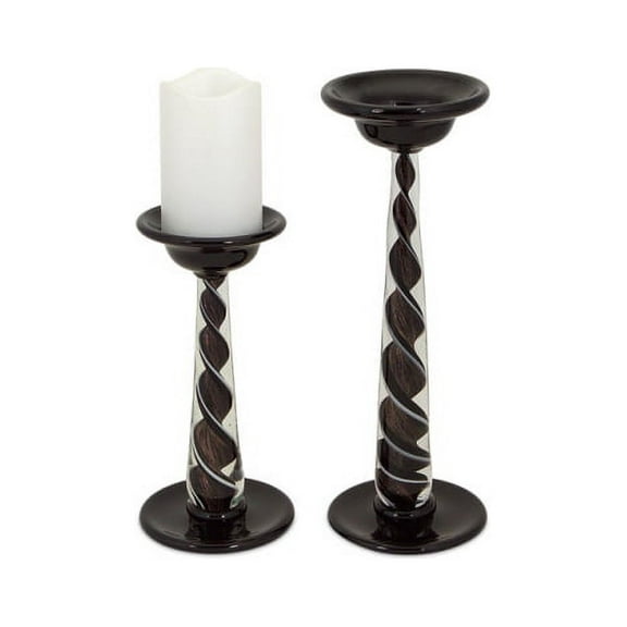 Melrose Set of 2 Dark Elegance Black Swirled Glitter Pillar Candle Holders 9.5" - 13.75"