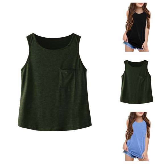 Tank Tops for Girls Sleeveless Crew Neck Plain Casual Soft Summer Shirts Loose with Chest Pocket (5-14y)