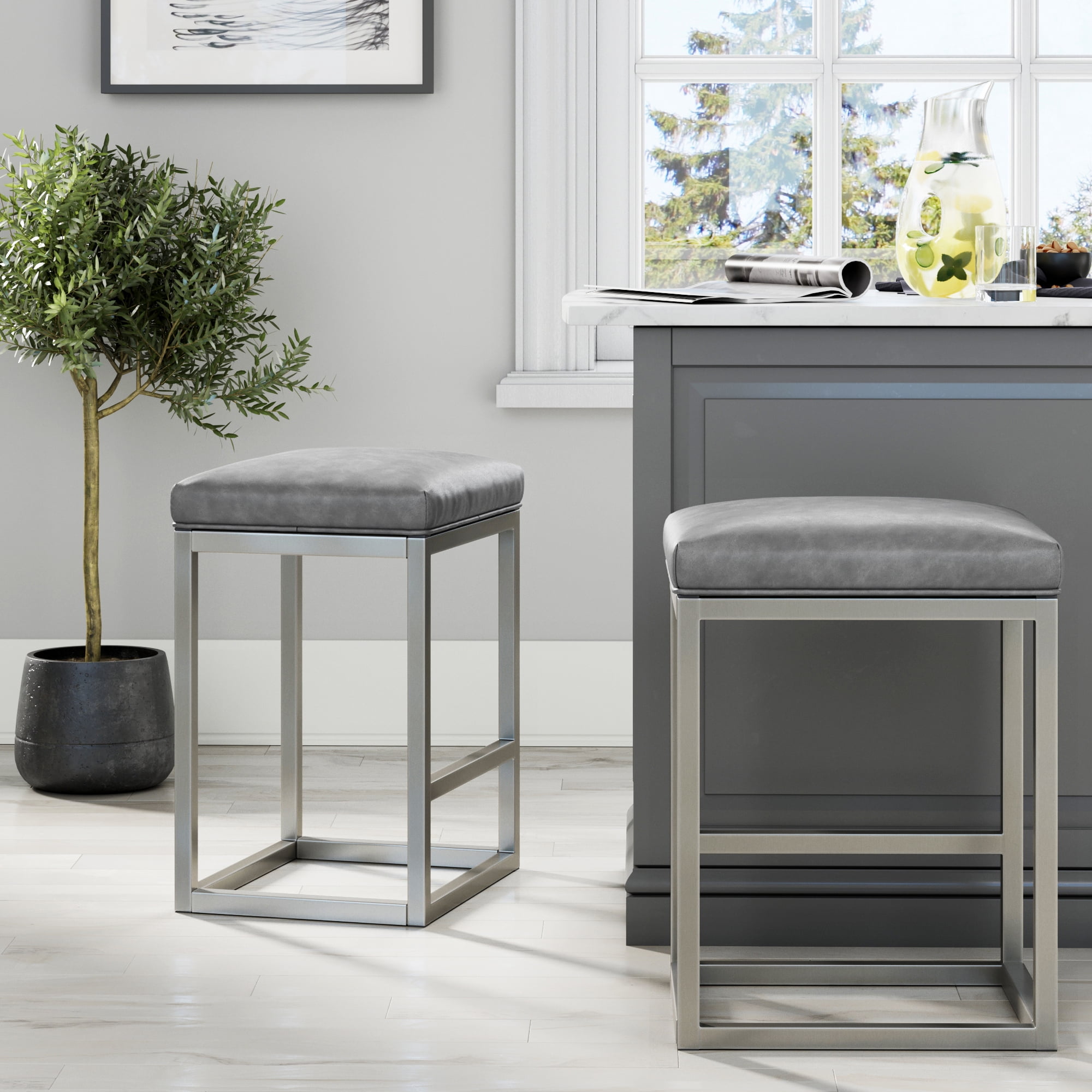 Nathan James Nelson Bar Stool with Leather Cushion and Metal Base, 24", Gray/Stainless Steel