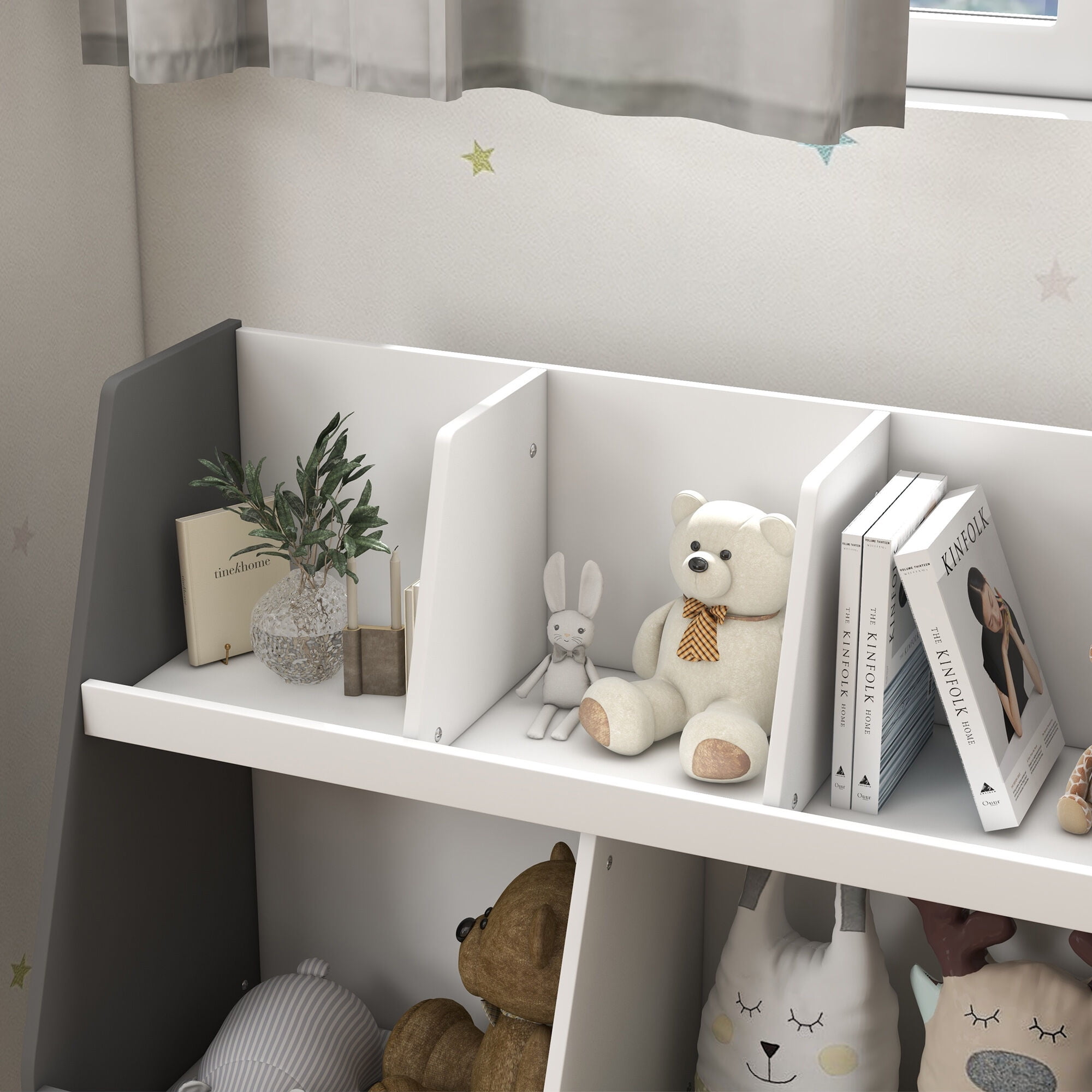 Kids Furniture Qaba Kids Bookcase Toy Shelf, 2 Tier Toddlers Toy Storage Shelf with 5 Compartments, Anti-tip Device, Pine Wood Legs for Nursery, Playroom, Classroom, Gray,Baby Furniture