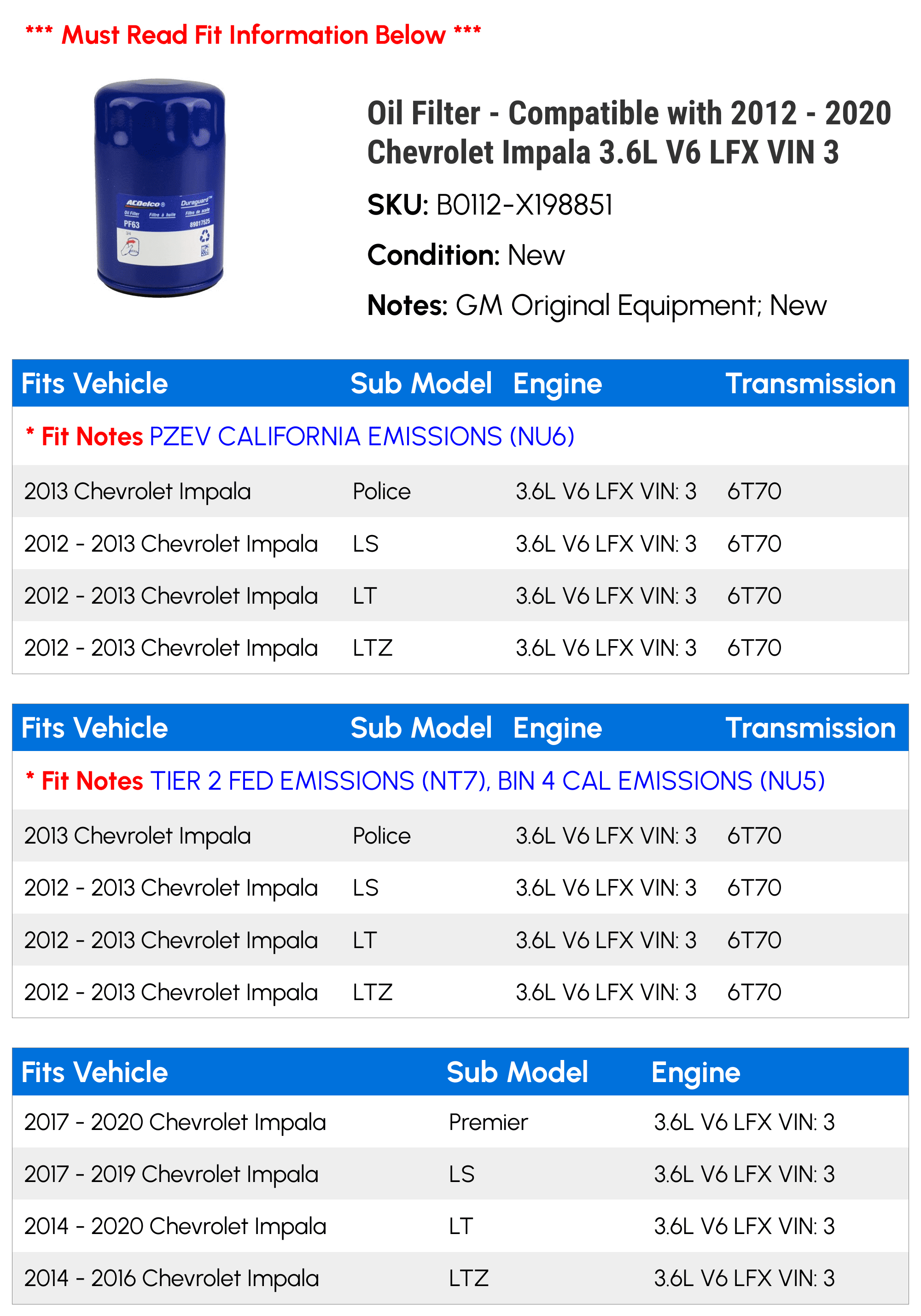 Oil Filter - Compatible with 2012 - 2020 Chevy Impala 3.6L V6 LFX VIN 3 2013 2014 2015 2016 2017 2018 2019